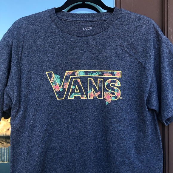 Vans Charcoal Hawaiian Floral Patterned Logo Tee M - Picture 1 of 9